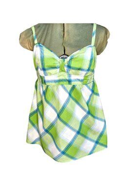Woman's Arizona Jean cottagecore plaid lime green/blue baby doll halter top L